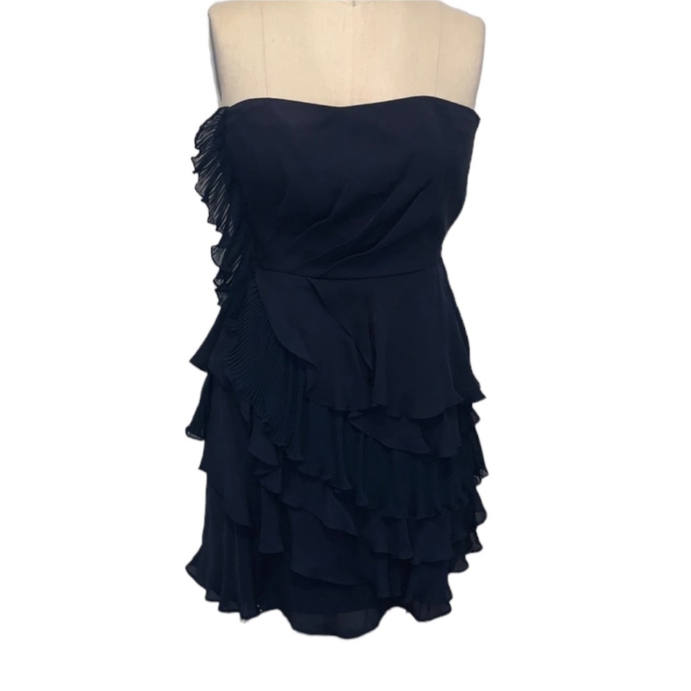 Ali-Ro Navy Blue Silk Strapless Ruffle Dress Size 8